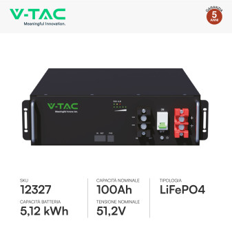 V-Tac Batteria BMS LiFePO4 51,2V 100Ah 5,12kWh Garanzia 5 Anni