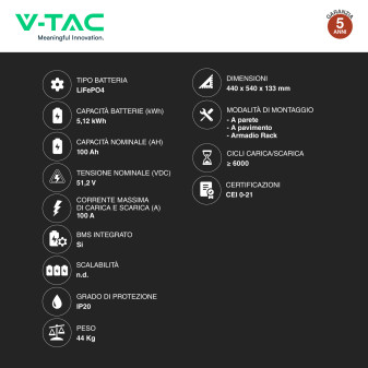V-Tac Batteria BMS LiFePO4 51,2V 100Ah 5,12kWh Garanzia 5 Anni