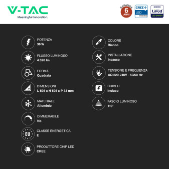 Pannello LED Quadrato 36W SMD CREE con Driver LiFud V-Tac Pro