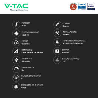 Pannello LED Quadrato 36W SMD CREE con Driver LiFud V-Tac Pro