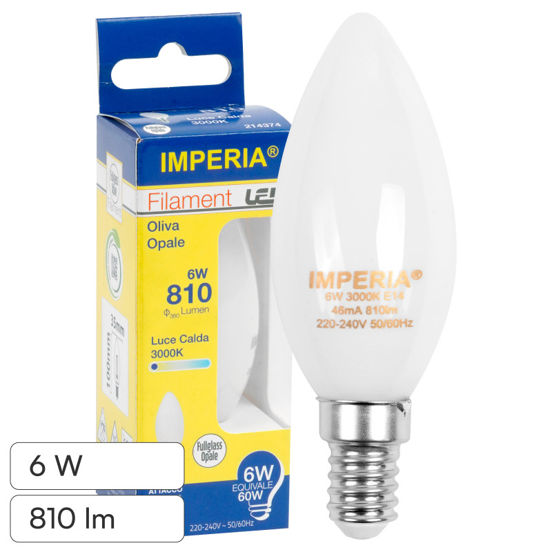 Lampadina LED E14 6W Candela C35 Filament in Vetro Bianco Imperia