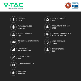Faro LED 200W SMD Chip CREE IP65 Colore Nero VT-44201