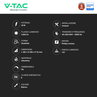 Pannello LED Quadrato 40W SMD con Driver Philips V-Tac