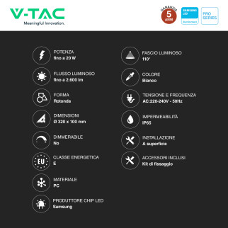 Plafoniera LED 20W SMD Samsung IP65 IK08 3in1 CCT V-Tac Pro