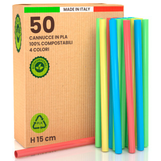 50 Cannucce Colorate in PLA 15cmx8mm Biodegradabili Lisce