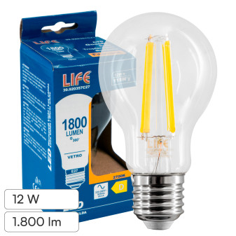 Life Lampadina LED E27 12W Goccia A70 Filament in Vetro Trasparente