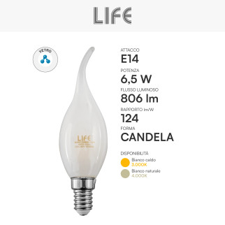 Lampadina LED E14 6,5W Candela Fiamma Filament in Vetro Bianco