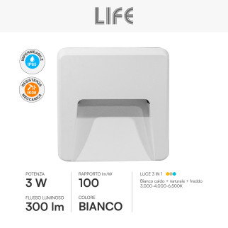 Segnapasso LED 3W Quadrato da Parete CCT 3in1 IP65 IK08 Bianco