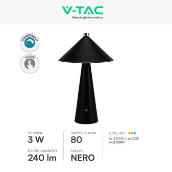 V-Tac VT-10117 Lampada LED da Tavolo 3W 3in1 Ricaricabile Dimmerabile