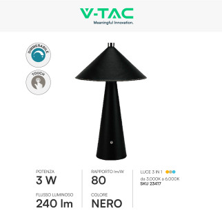 V-Tac VT-10117 Lampada LED da Tavolo 3W 3in1 Ricaricabile Dimmerabile
