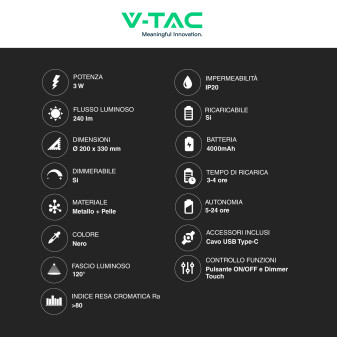 V-Tac VT-10117 Lampada LED da Tavolo 3W 3in1 Ricaricabile Dimmerabile