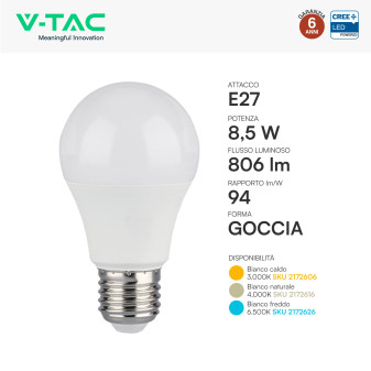 V-Tac Lampadina LED E27 8,5W Goccia A60 SMD Opaca
