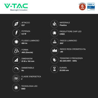 V-Tac Lampadina LED E27 8,5W Goccia A60 SMD Opaca