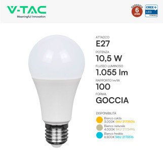 V-Tac Lampadina LED E27 10,5W Goccia A60 SMD Opaca