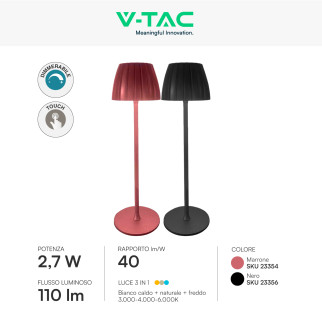 V-Tac VT-7967 Lampada LED SMD da Tavolo 2,7W 3in1 Ricaricabile