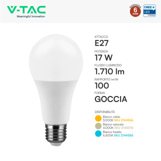 V-Tac Lampadina LED E27 17W Goccia A60 SMD Opaca