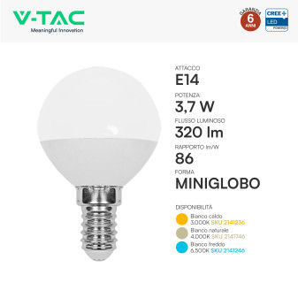 V-Tac VT-1819 Lampadina LED E14 3,7W MiniGlobo P45 SMD Chip CREE