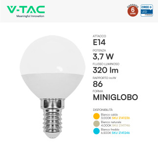 V-Tac VT-1819 Lampadina LED E14 3,7W MiniGlobo P45 SMD Chip CREE