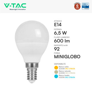 V-Tac VT-270 Lampadina LED E14 6,5W MiniGlobo P45 SMD Chip CREE