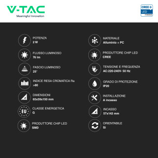 VT-88061 Lampada LED Muro 2W SMD chip CREE Applique con Faretto V-Tac