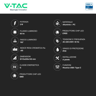 V-Tac VT-88062 Lampada LED da Muro 2W SMD Chip CREE Applique