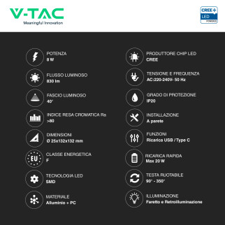 V-Tac VT-80068 Lampada LED da Muro 8W SMD Chip CREE Applique