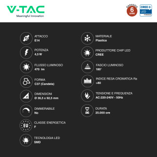 V-Tac Lampadina LED E14 4,5W Candela C37 SMD Opaca