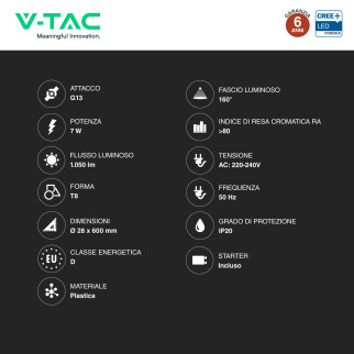 Tubo LED T8 G13 7W SMD CREE Nano-Plastic 60cm con Starter V-Tac