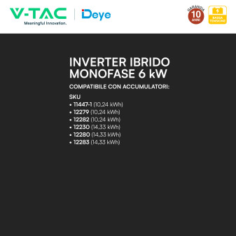 V-Tac Inverter Monofase Ibrido On-Grid / Off-Grid 6kW IP65