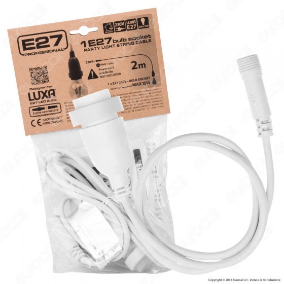 Cavo Portalampada E27 con Connettore Maschio 2 Pin Colore Bianco IP44 Cavo Portalampada E27 con Connettore Maschio 2 Pin Colore Bianco IP44