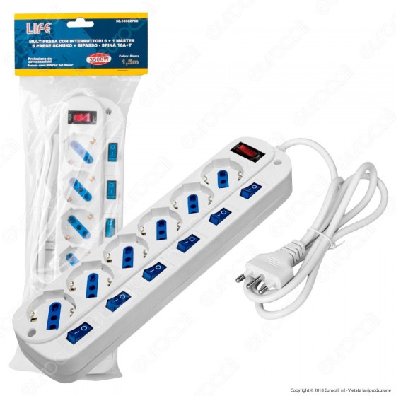 Life Multipresa 6 Posti Colore Bianco con Interruttori Singoli e Life Multipresa 6 Posti Colore Bianco con Interruttori Singoli e