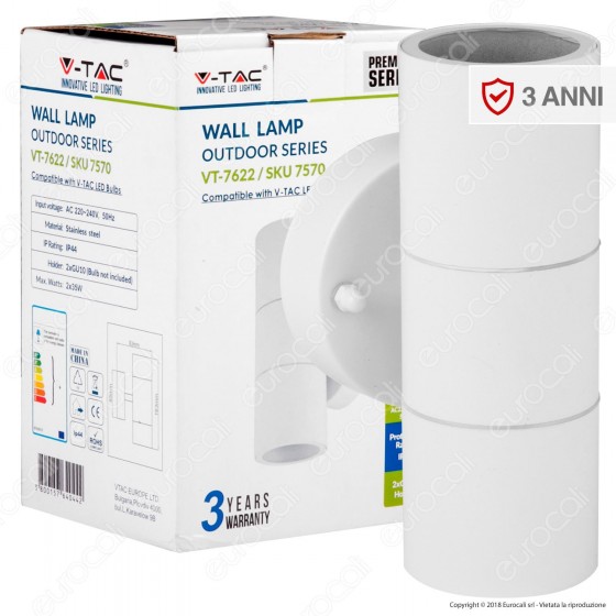 V-Tac VT-7622 Portalampada Doppio Wall Light da Muro per 2 Lampadine GU10 IP44 - SKU 7570 V-Tac VT-7622 Portalampada Doppio Wall Light da Muro per 2 Lampadine GU10 IP44 - SKU 7570