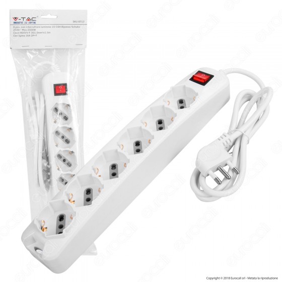 V-Tac Multipresa 6 Posti Colore Bianco con Interruttore Luminoso - SKU 8713 V-Tac Multipresa 6 Posti Colore Bianco con Interruttore Luminoso - SKU 8713