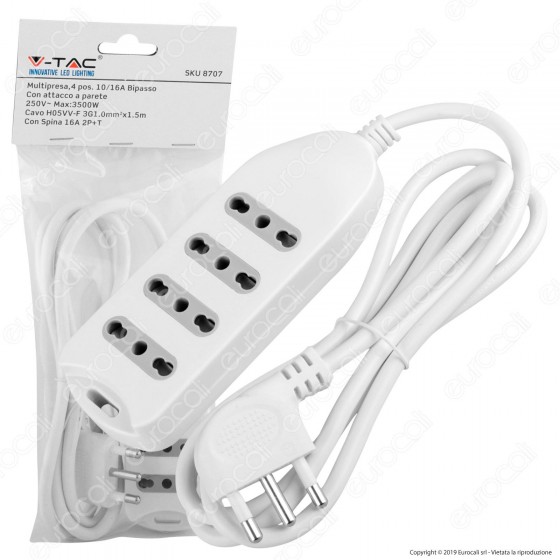 V-Tac Multipresa 4 Posti Colore Bianco con Attacco a Parete - SKU 8707 V-Tac Multipresa 4 Posti Colore Bianco con Attacco a Parete - SKU 8707