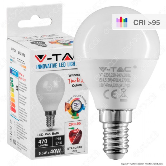 V-Tac VT-2236 Lampadina LED E14 5,5W MiniGlobo P45 CRI ≥95 - SKU 7488 V-Tac VT-2236 Lampadina LED E14 5,5W MiniGlobo P45 CRI ≥95 - SKU 7488