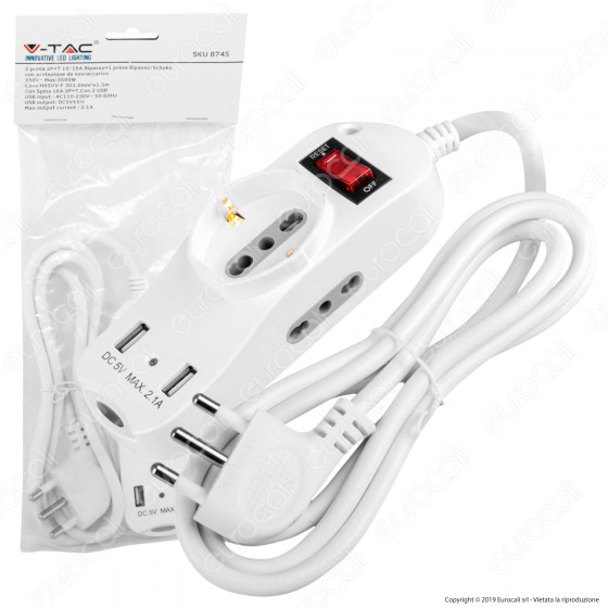 V-Tac Multipresa 3 Posti e 2 Prese USB Colore Bianco con Interruttore Luminoso - SKU 8745 V-Tac Multipresa 3 Posti e 2 Prese USB Colore Bianco con Interruttore Luminoso - SKU 8745