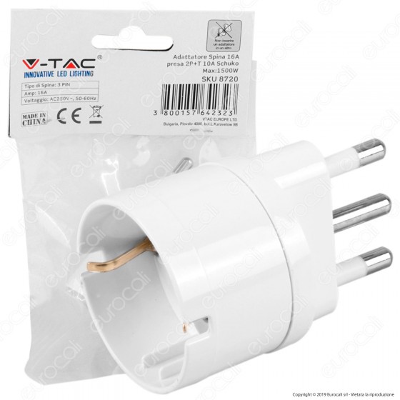 V-Tac Adattatore Singolo Schuko con Spina 16A Colore Bianco - SKU 8720 V-Tac Adattatore Singolo Schuko con Spina 16A Colore Bianco - SKU 8720