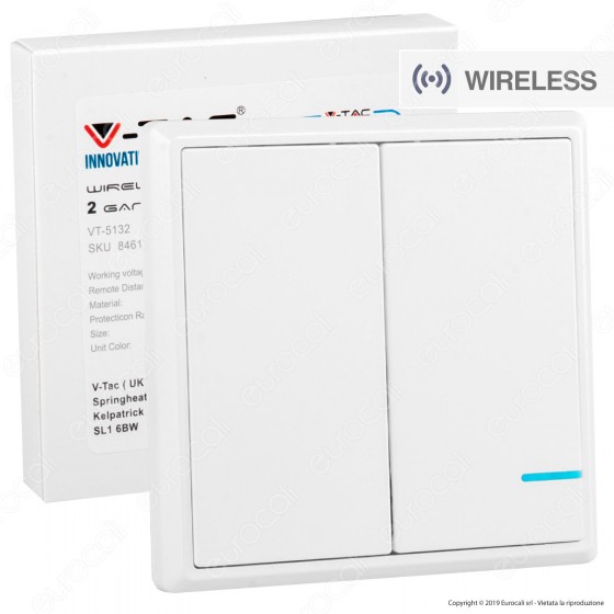 V-Tac VT-5132 Interruttore Wireless Two Gang Senza Fili con Luce LED IP54 - SKU 8461 V-Tac VT-5132 Interruttore Wireless Two Gang Senza Fili con Luce LED IP54 - SKU 8461