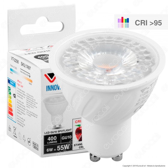 V-Tac VT-2206 Lampadina LED GU10 6W Faretto Spotlight CRI ≥95 38° - V-Tac VT-2206 Lampadina LED GU10 6W Faretto Spotlight CRI ≥95 38° -