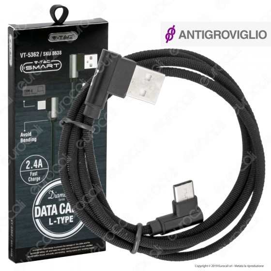 V-Tac VT-5362 Diamond Series USB Data Cable Type-C Cavo in Corda Colore Nero con Connettori a L 1m - SKU 8638 V-Tac VT-5362 Diamond Series USB Data Cable Type-C Cavo in Corda Colore Nero con Connettori a L 1m - SKU 8638