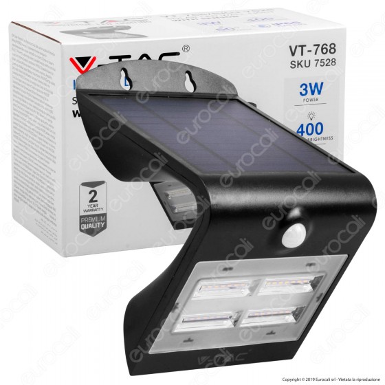 V-Tac VT-768 Lampada da Muro LED 3W con Pannello Solare e Sensore V-Tac VT-768 Lampada da Muro LED 3W con Pannello Solare e Sensore