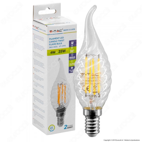 V-Tac VT-1995 Lampadina LED E14 4W Candela Fiamma Twist Filamento - V-Tac VT-1995 Lampadina LED E14 4W Candela Fiamma Twist Filamento -