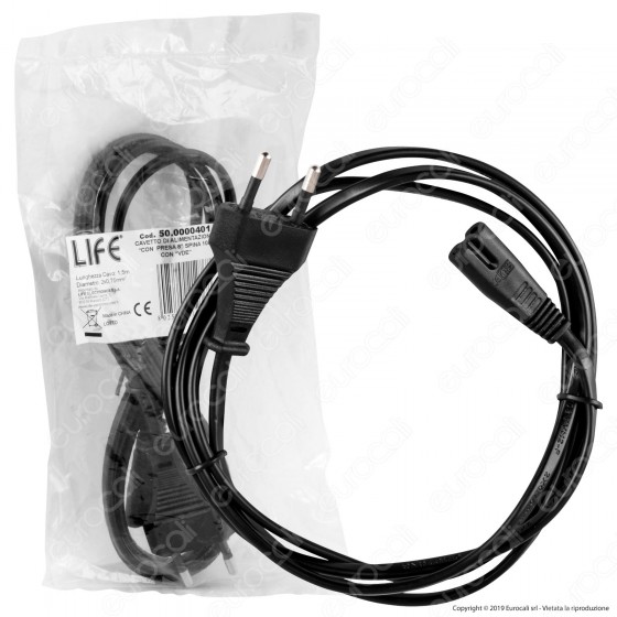 Life Cavo di Alimentazione Nero da 1,5 Metri con Presa 8 C7 e Spina Life Cavo di Alimentazione Nero da 1,5 Metri con Presa 8 C7 e Spina
