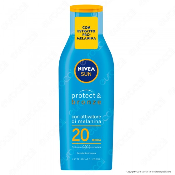 Nivea Sun Latte Solare Protect & Bronze Pro-Melanina Idratante Resistente all'Acqua FP 20 - Flacone da 200ml Nivea Sun Latte Solare Protect & Bronze Pro-Melanina Idratante Resistente all'Acqua FP 20 - Flacone da 200ml