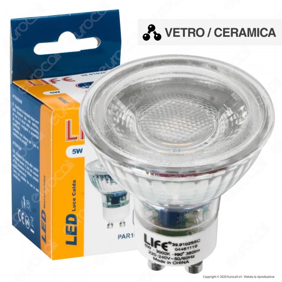 Lampadina a LED extra power faretto GU10 5W 38° luce calda TUTTO VETRO con  lente