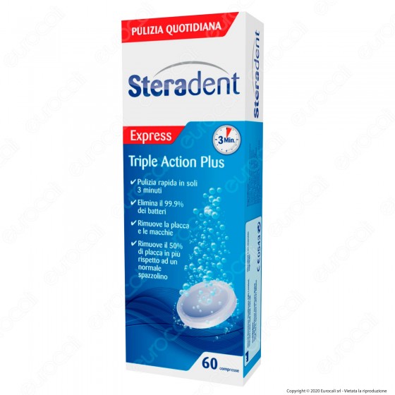 Steradent Express Triple Action per la Pulizia della Dentiera - Confezione da 60 Compresse Steradent Express Triple Action per la Pulizia della Dentiera - Confezione da 60 Compresse