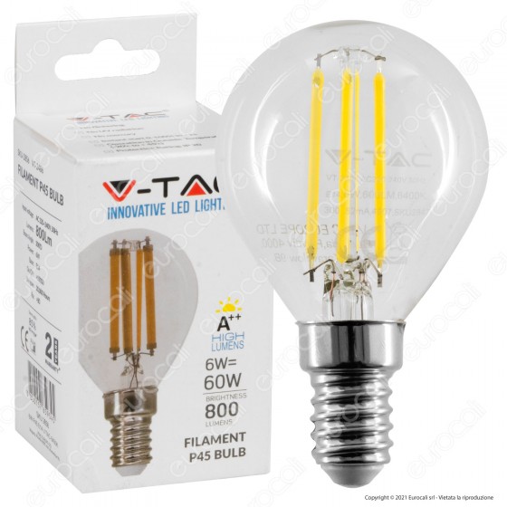 V-Tac VT-2486 Lampadina LED E14 6W MiniGlobo P45 Filament - SKU 2854 / 2855 / 2856 V-Tac VT-2486 Lampadina LED E14 6W MiniGlobo P45 Filament - SKU 2854 / 2855 / 2856