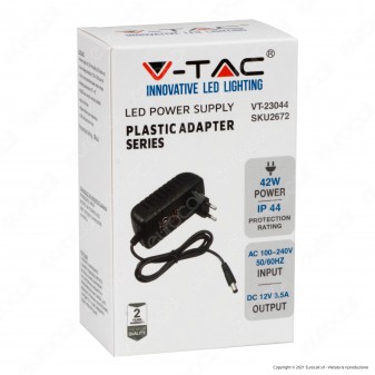 V-Tac VT-23044 Alimentatore 42W 12V IP44 Plug&Play con Jack 2.1 - SKU